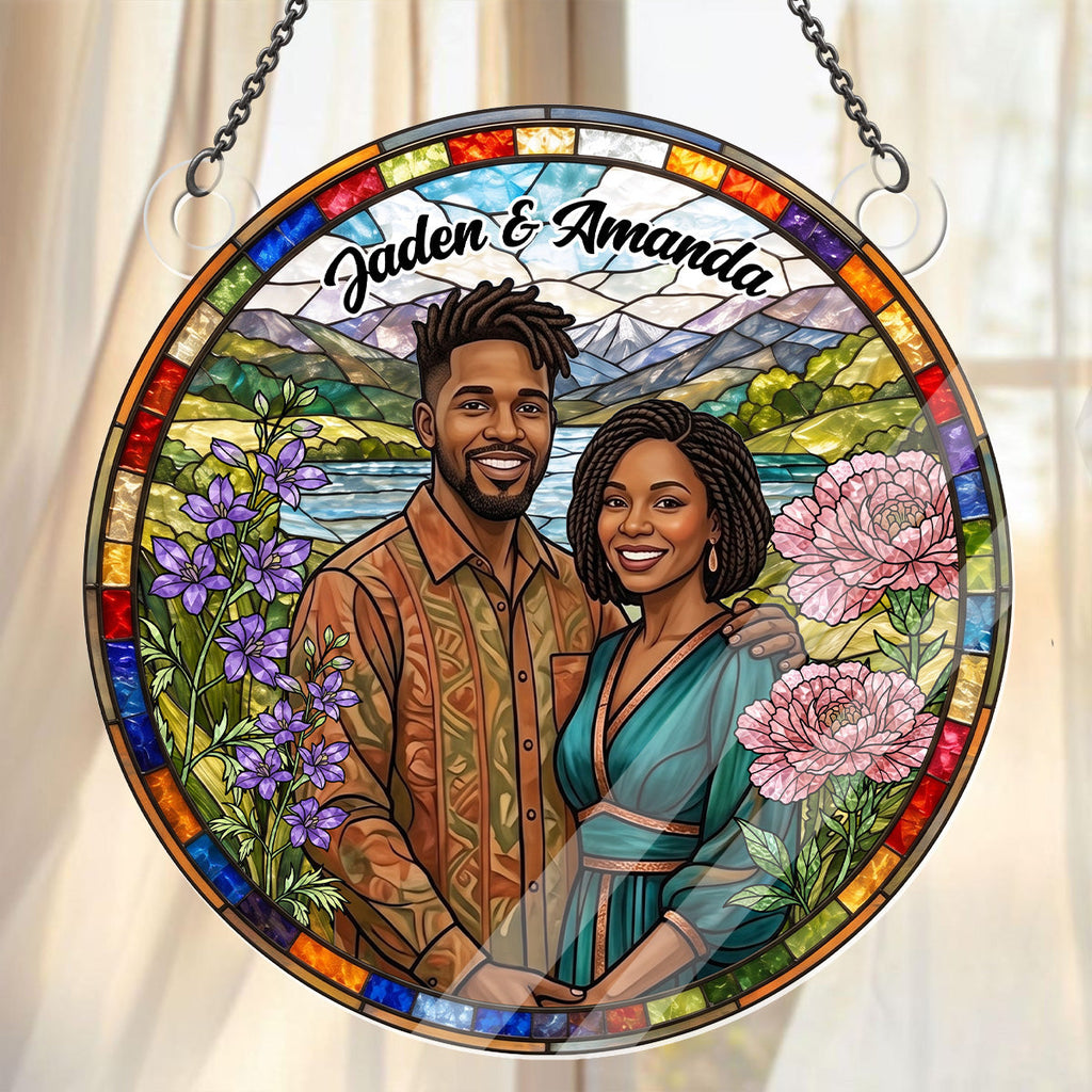 Couple Portrait Gift Birth Month Flower - Personalized Acrylic Suncatcher