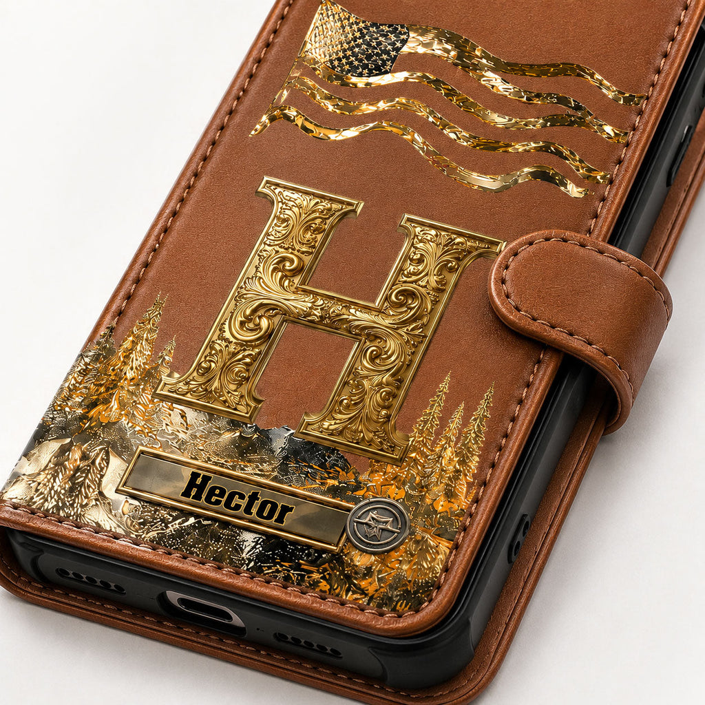 Golden Initial Gift For Husband And Son - Personalized Leather Flip Wallet Phone Case