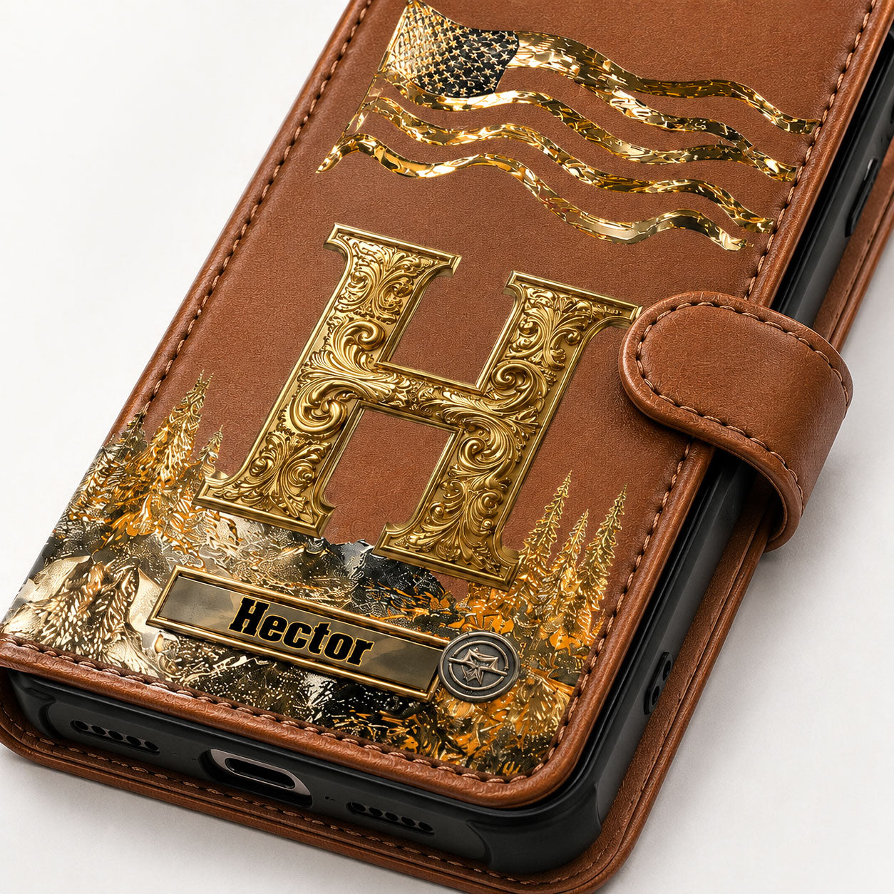 Golden Initial Gift For Husband And Son - Personalized Leather Flip Wallet Phone Case