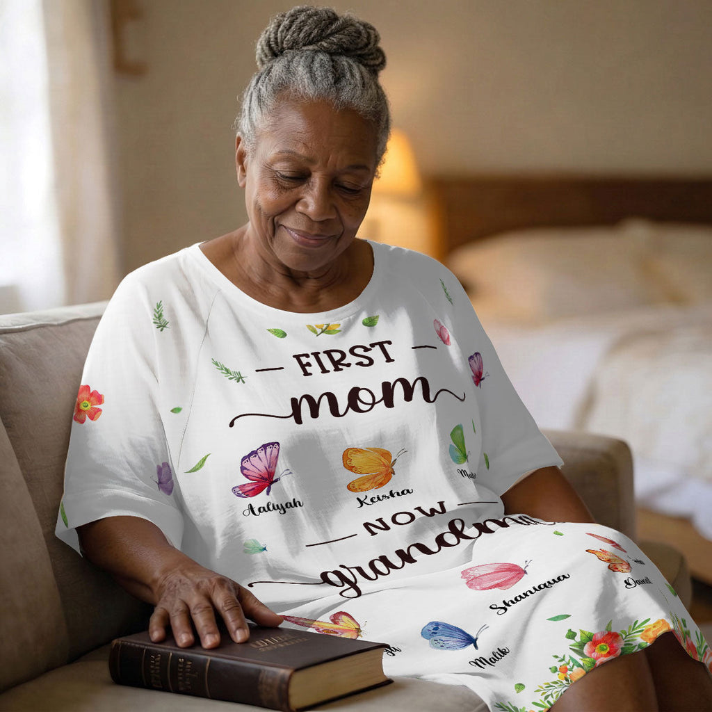 First Mom Now Grandma Butterfly Version - Personalized Sleep Tee