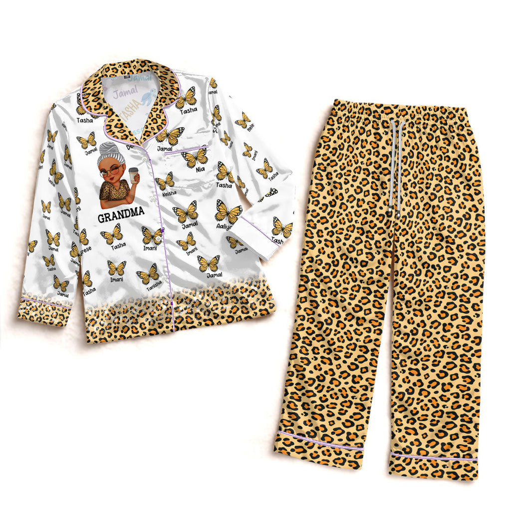 Mom Grandma Kids Butterflies Leopard Pattern - Personalized Satin PJM Set