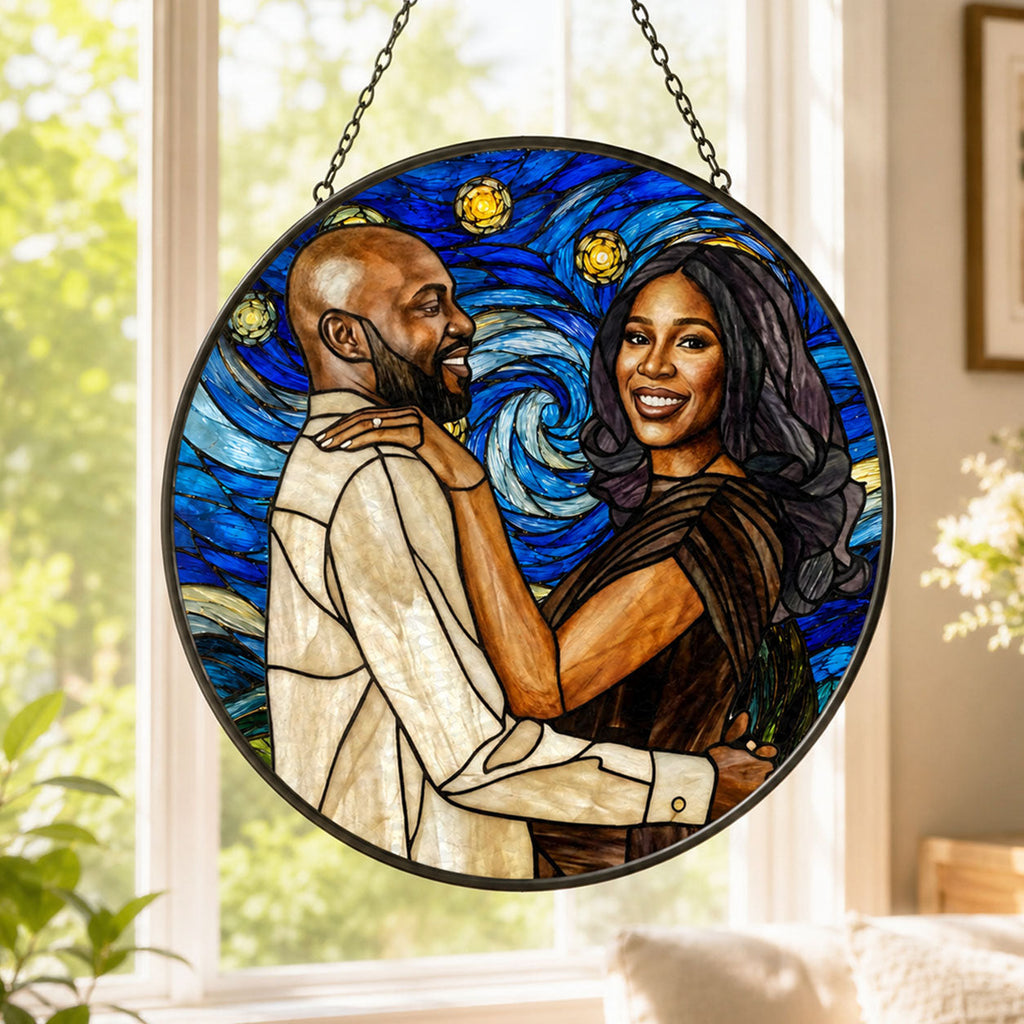 Custom Photo Starry Night Stained Glass Portrait Wife Husband Couple - Personalized Stained Glass Window Hanging Suncatcher