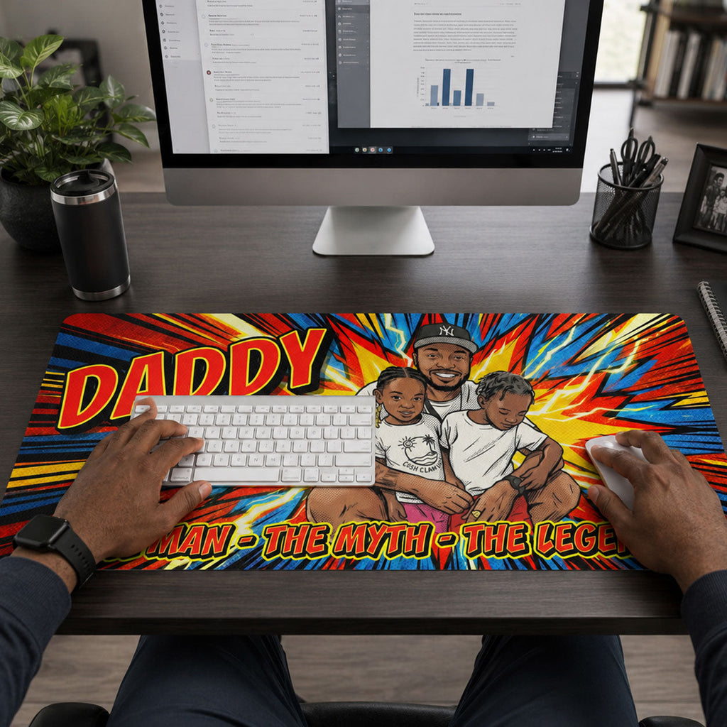 Custom Photo Comic Sketch Dad Grandpa Family - Personalized Leather Desk Mat