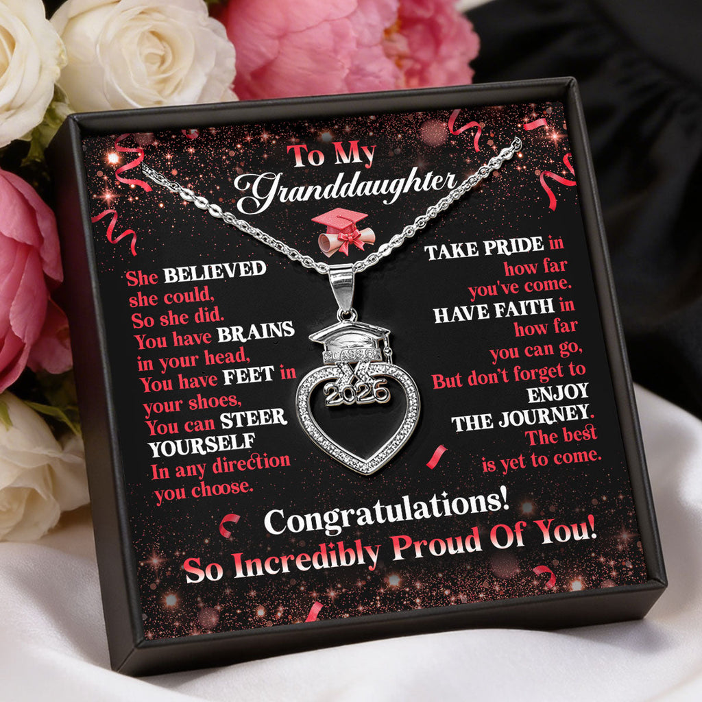 Believe, Achieve, Enjoy The Journey - Personalized Grad Cap Heart Necklace With Box & Card 2026
