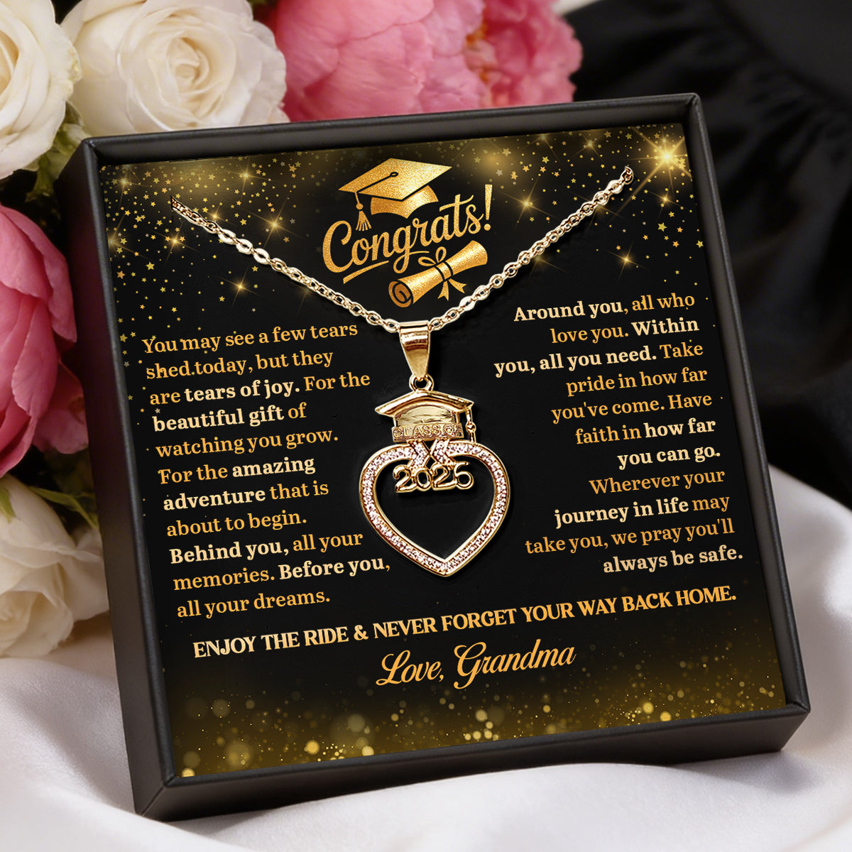 Tears Of Joy, Dreams Ahead - Personalized Grad Cap Heart Necklace With Box & Card 2026