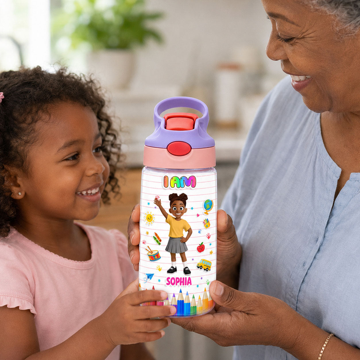 Kid Affirmations I Am Kind Smart Brave  - Personalized Kid Water Bottle