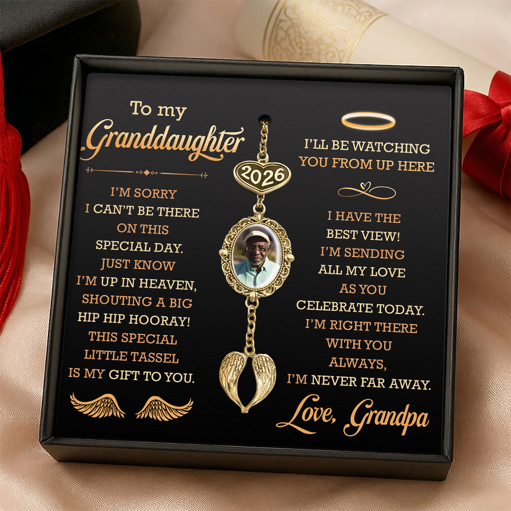 I'm Sending My Love As You Celebrate - Personalized Graduation Tassel Photo Charm With Angel Wing