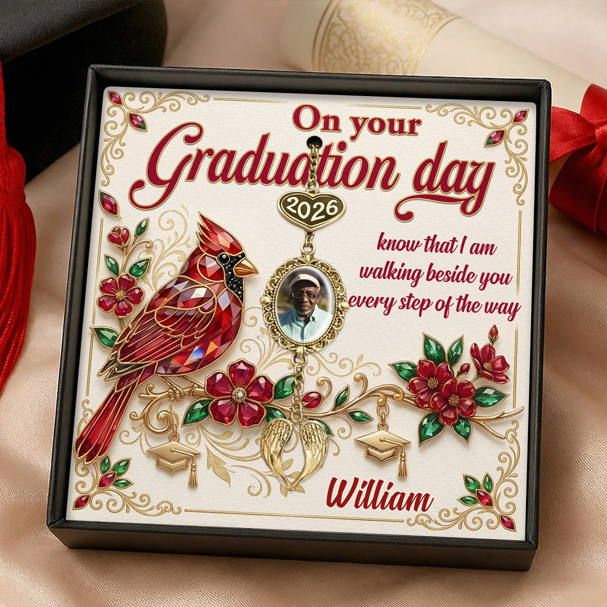 Graduation Walking Beside You Every Step - Personalized Graduation Tassel Photo Charm With Angel Wing