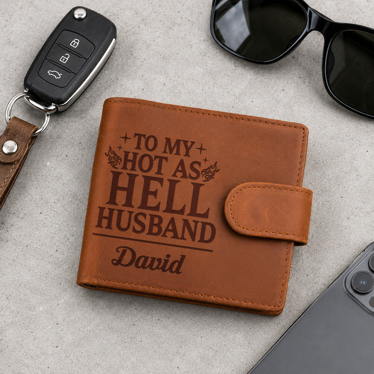 To My Hot-As-Hell Husband - Personalized Men's Engraved Leather Wallet