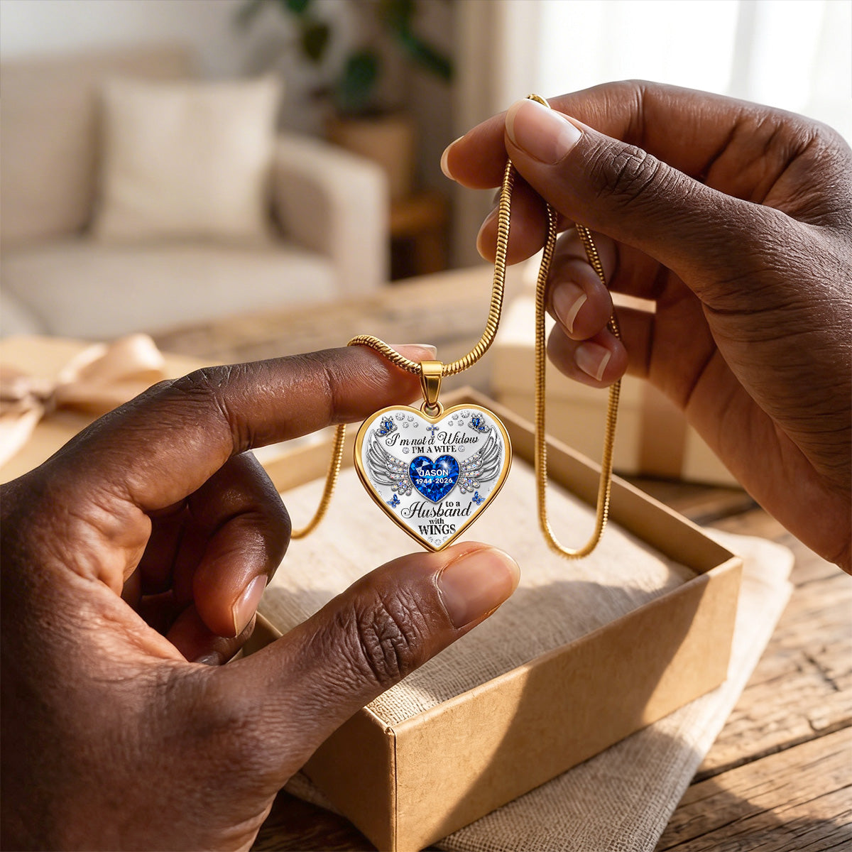I'm Not A Widow I'm A Wife To A Husband With WIngs - Personalized Heart Necklace