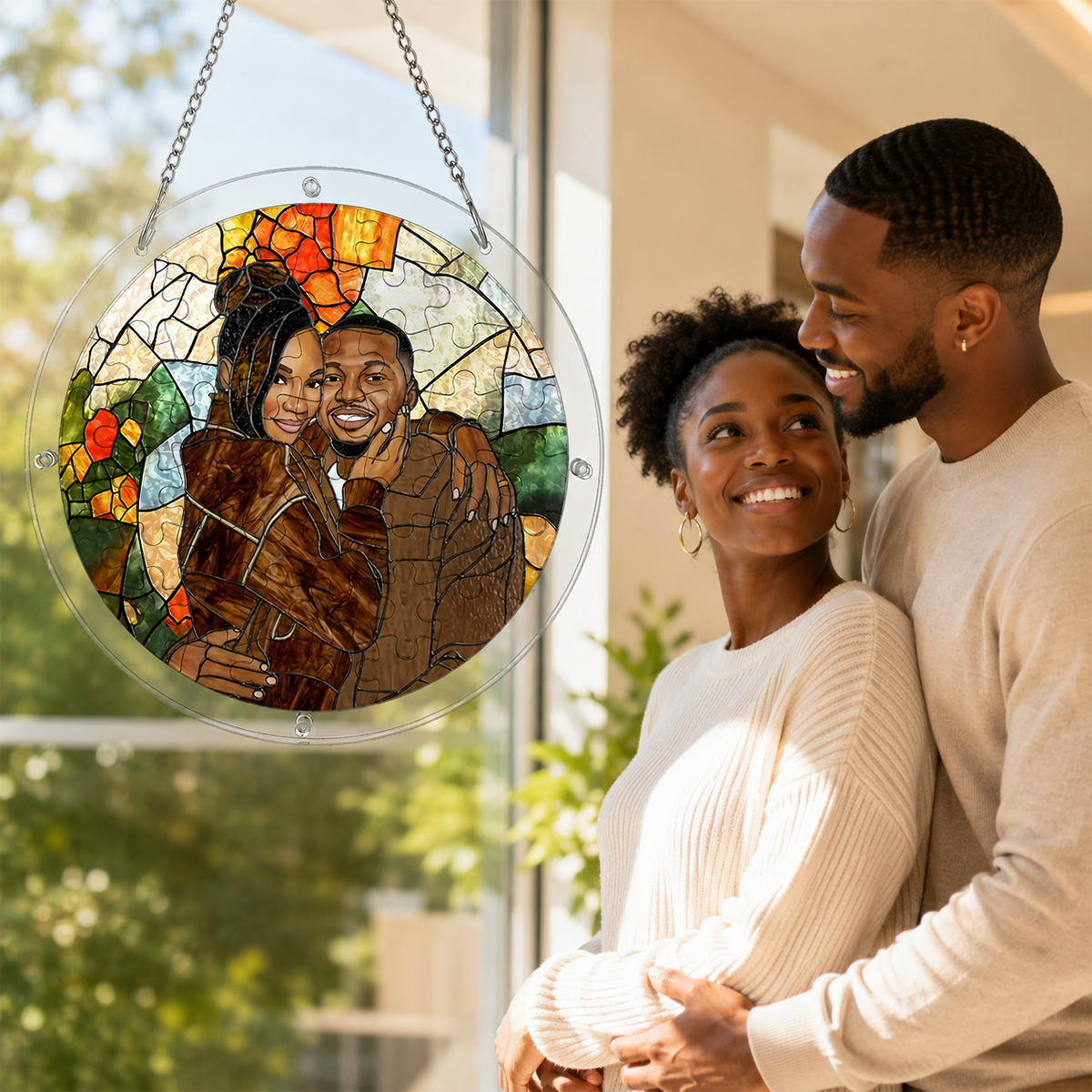 Custom Photo Stained Glass Portrait Wife Husband Couple - Personalized Acrylic Jigsaw Puzzle Suncatcher