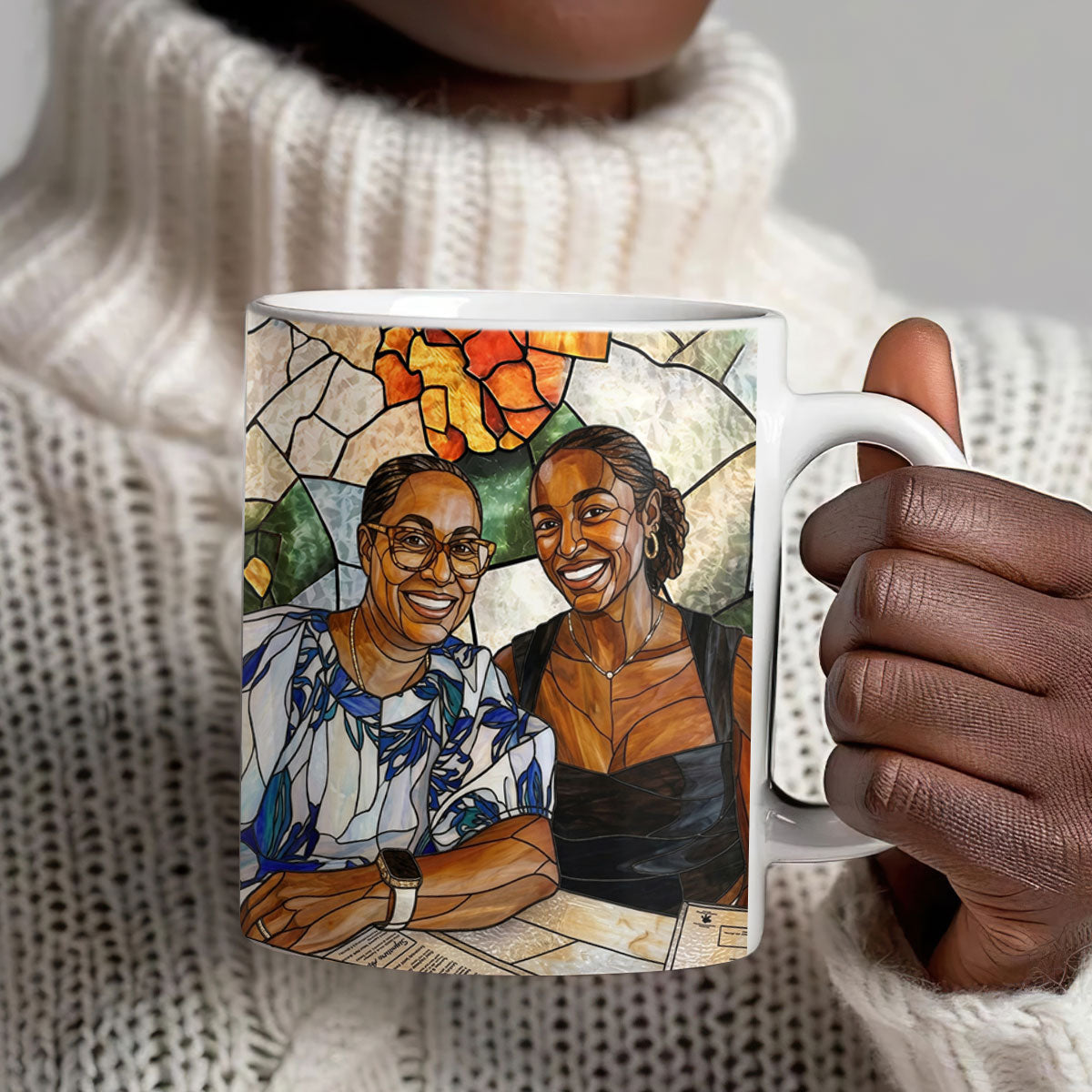 Custom Photo Stained Glass Portrait Mom Grandma Parents Family - Personalized Ceramic Coffee Mug
