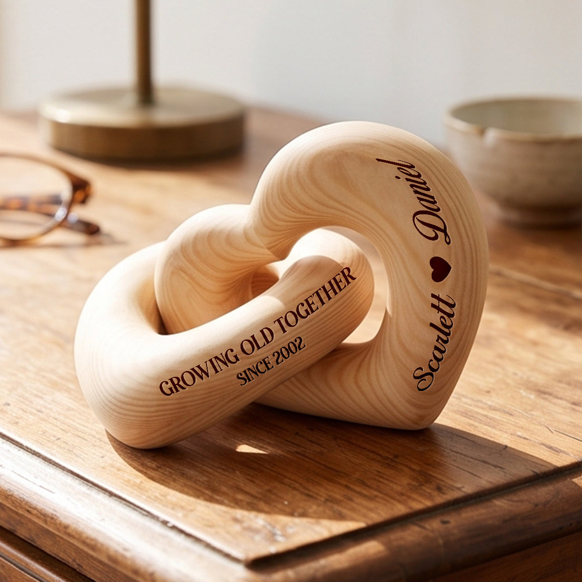 Growing Old Together - Personalized Interlocking Wooden Hearts