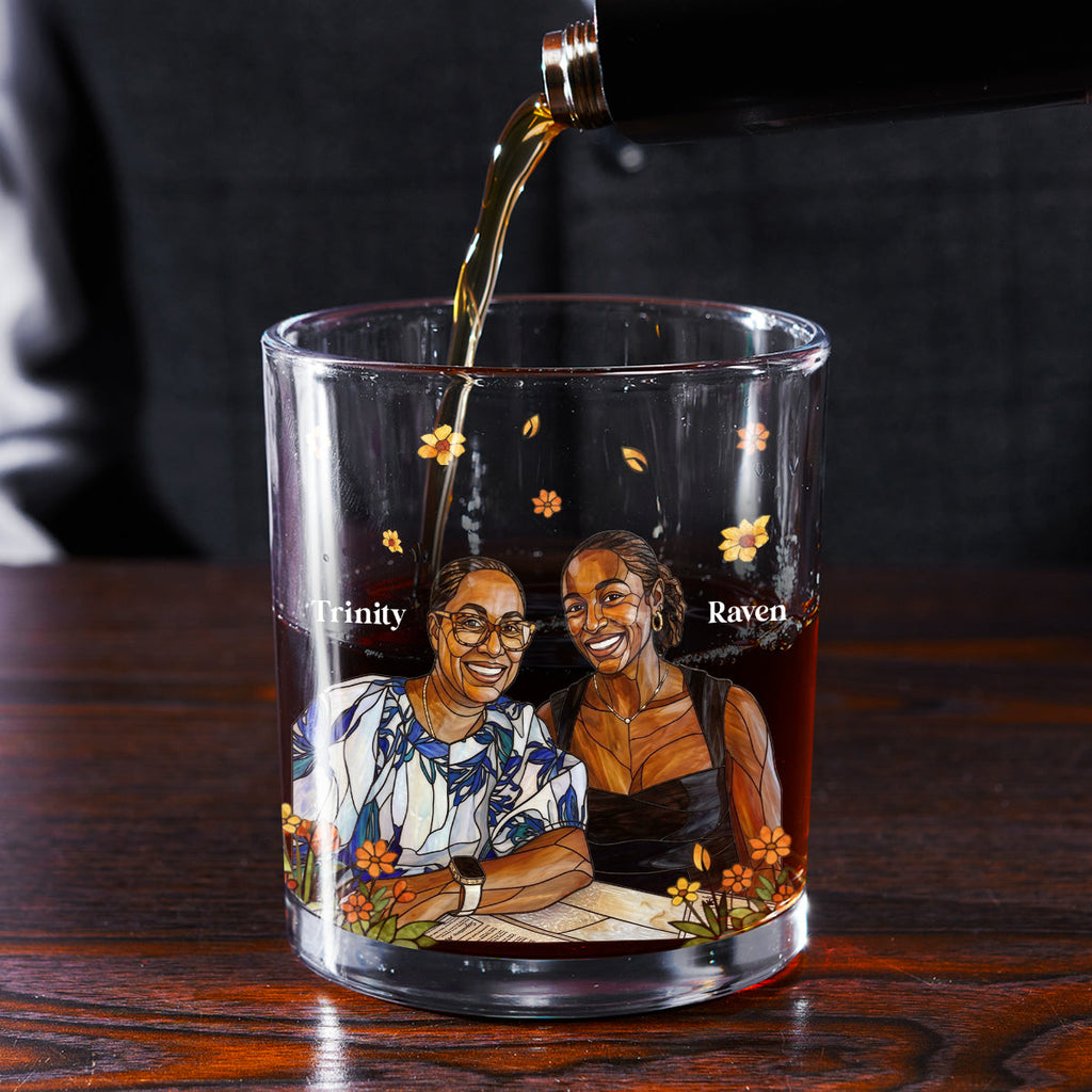 Custom Photo Stained Glass Portrait Mom Grandma Parents Family - Personalized Round Whiskey Glass