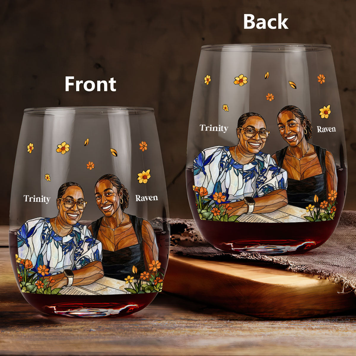 Custom Photo Stained Glass Portrait Mom Grandma Parents Family - Personalized Stemless Wine Glass