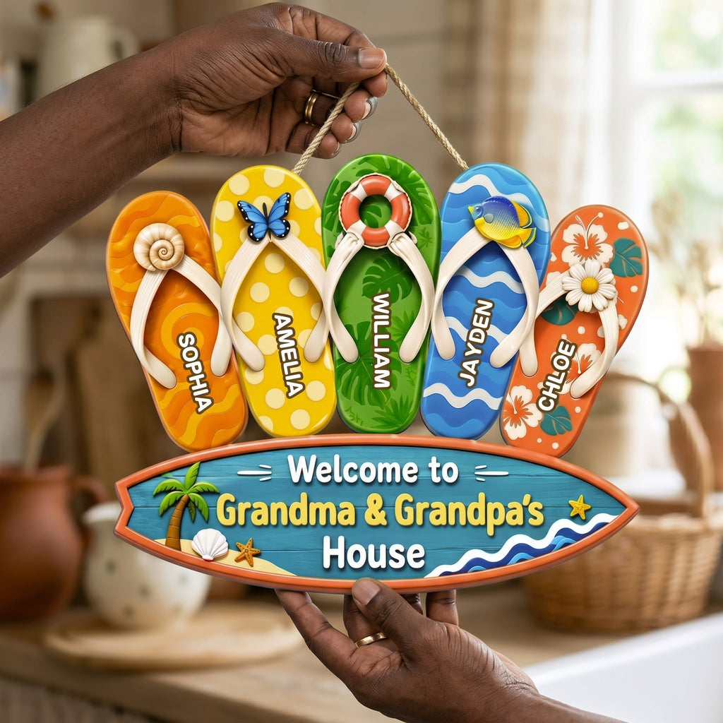 Hello Summer Vibe Welcome To Grandma Grandpa House - Personalized Wooden Door Sign