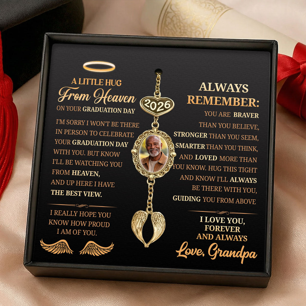 A Little Hug From Heaven - Personalized Graduation Tassel Photo Charm With Angel Wing