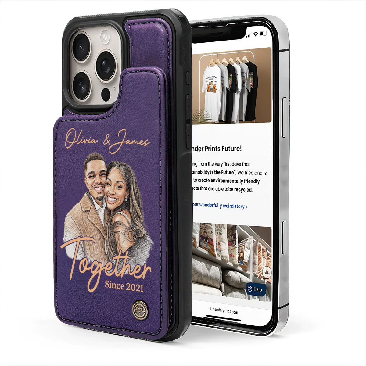 Custom Photo Colored Pencil Sketch Portrait Together Since Forever - Personalized Leather Flip Wallet Phone Case