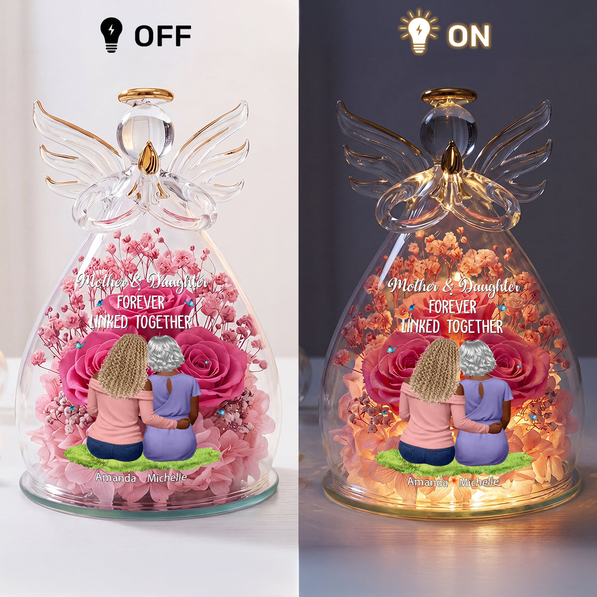 Mother And Daughter Forever Linked Together - Personalized Angel Dome With Preserved Flowers