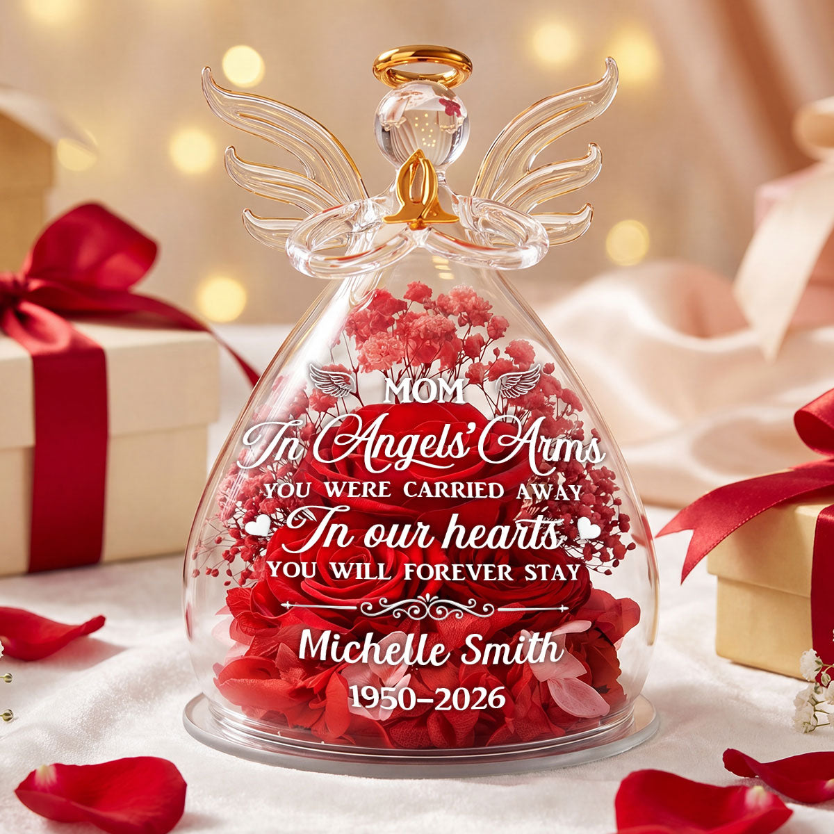 You Will Forever Stay In Our Hearts - Personalized Angel Dome With Preserved Flowers