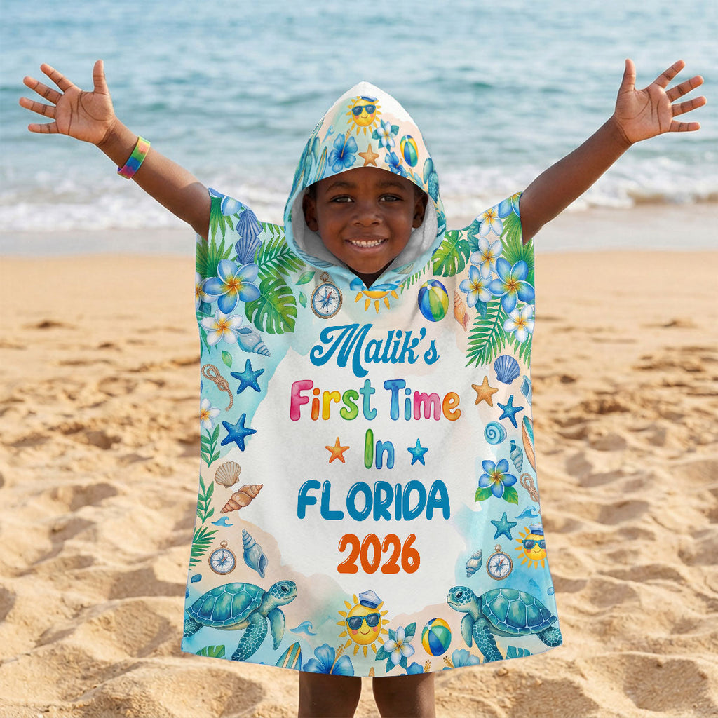 First Time On Holiday - Personalized Kids Hooded Beach Towel