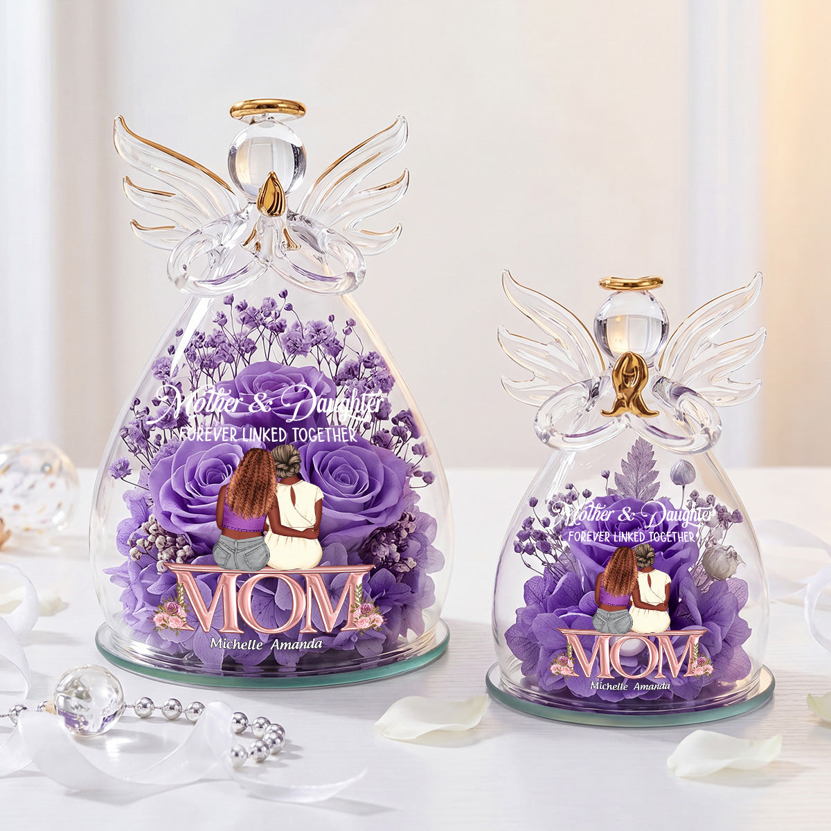 Mother And Daughter Forever Linked Together - Personalized Angel Dome With Preserved Flowers
