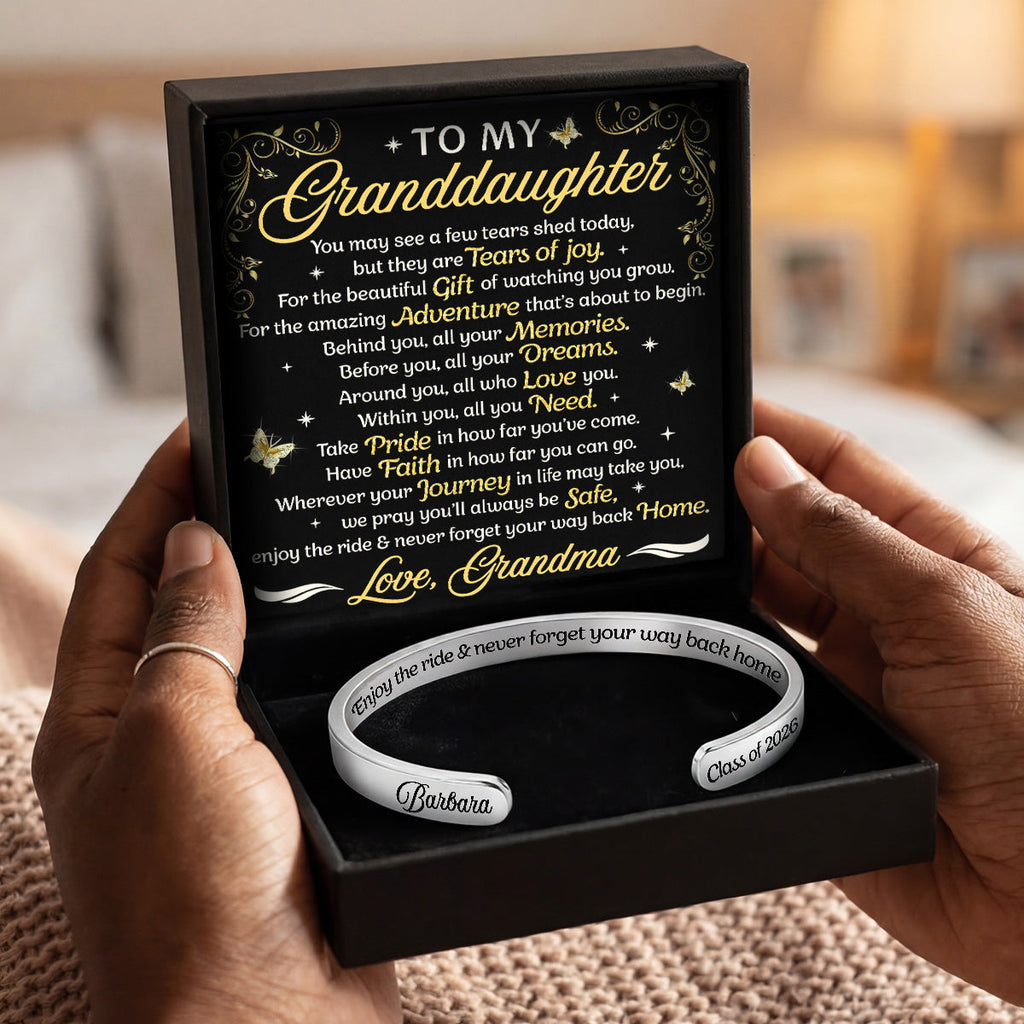 Enjoy The Ride And Never Forget Your Way Back Home - Personalized Cuff Bangle Bracelet With Box