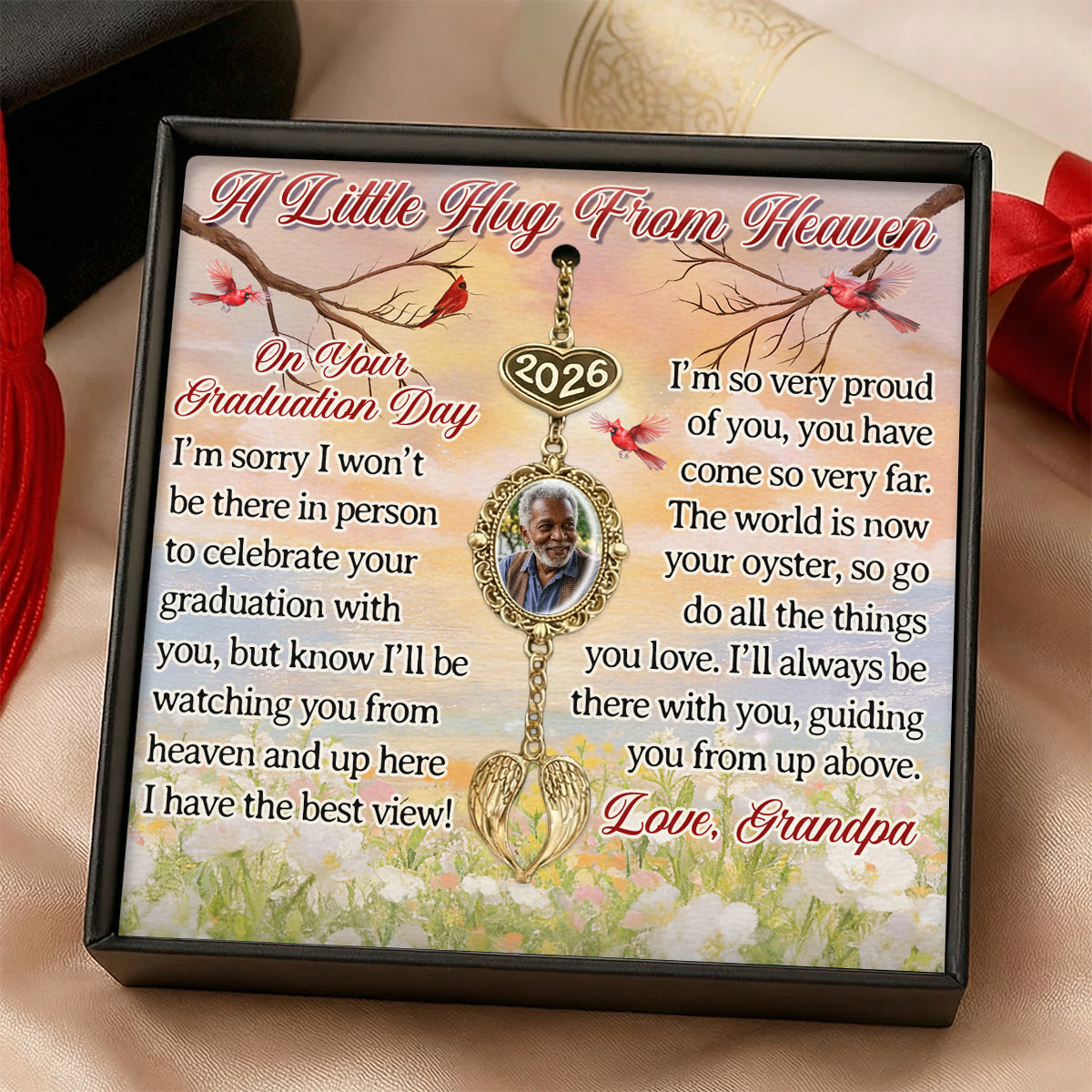 A Little Hug From Heaven On Your Graduation Day - Personalized Graduation Tassel Photo Charm With Angel Wing