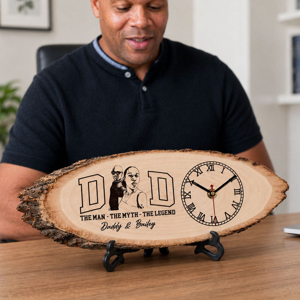 Custom Photo Pencil Sketch Dad The Man The Myth The Legend - Personalized Wooden Desk Clock