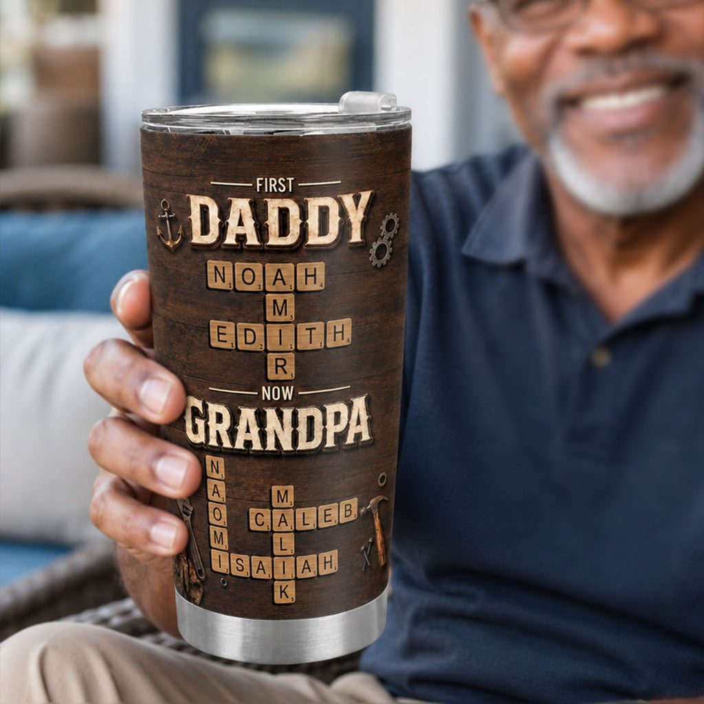 First Daddy Now Grandpa Crossword Puzzle Art - Personalized Stainless Steel Tumbler