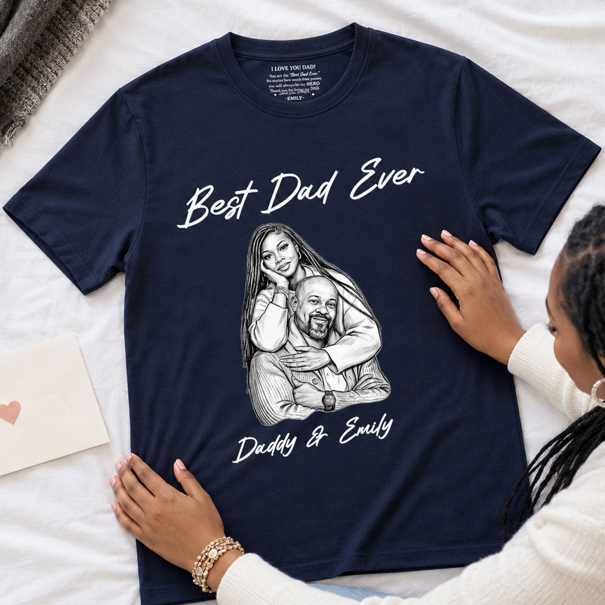 Custom Photo Pencil Sketch Best Dad Ever - Personalized Shirt With Design Inner Neck And Front