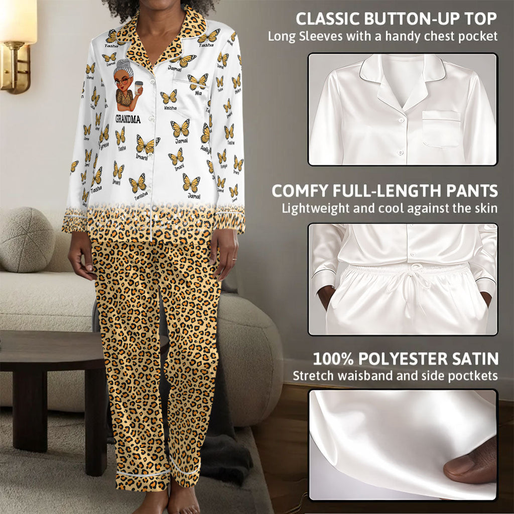 Mom Grandma Kids Butterflies Leopard Pattern - Personalized Satin PJM Set
