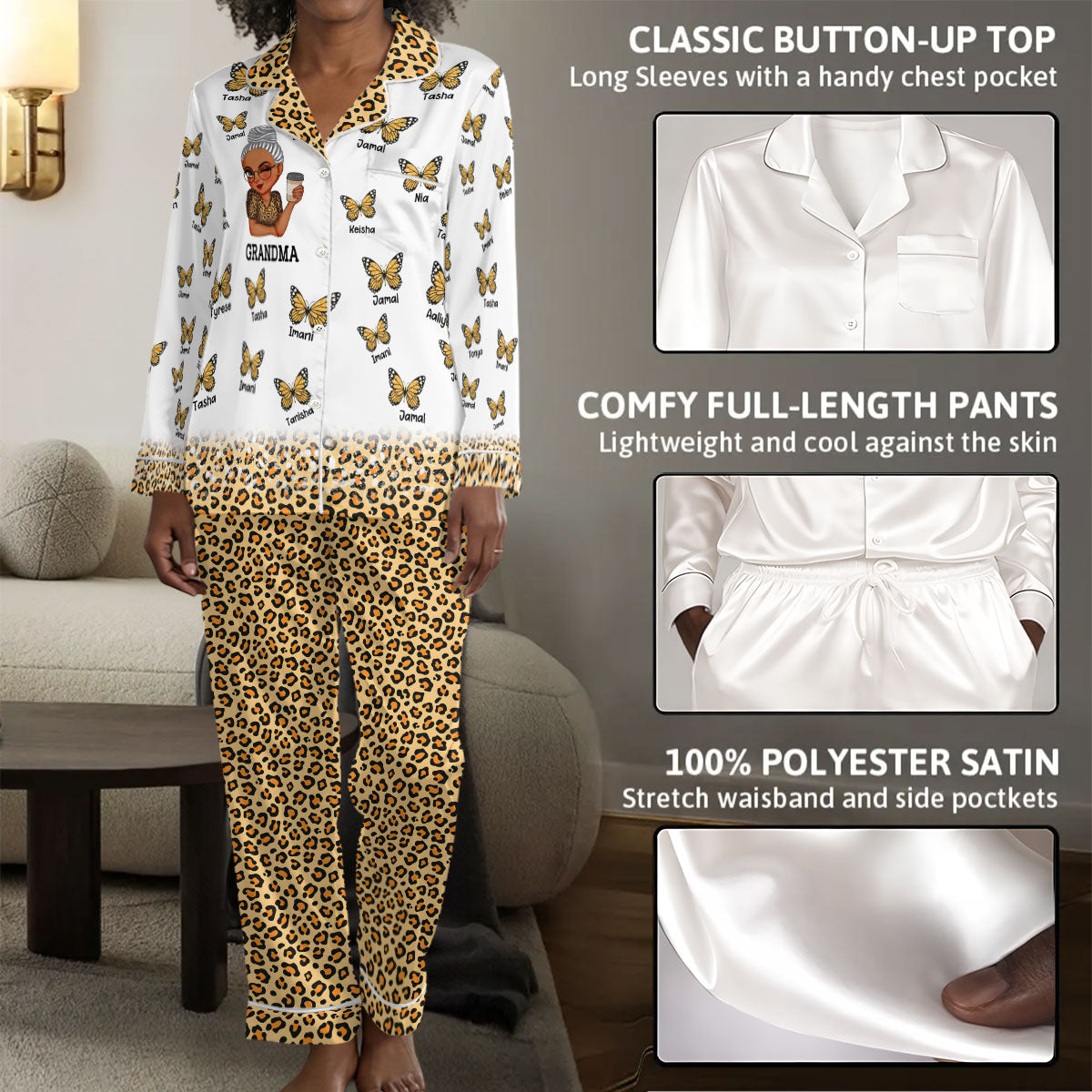 Mom Grandma Kids Butterflies Leopard Pattern - Personalized Satin PJM Set