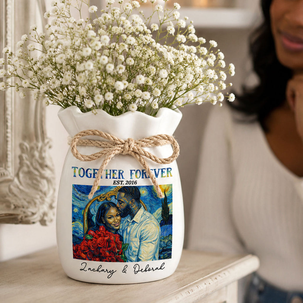 Custom Photo Van Gogh Art Forever And Always - Personalized Flower Vase With Ribbon