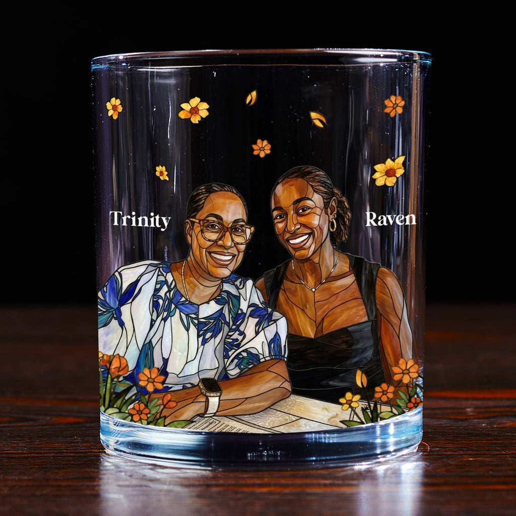Custom Photo Stained Glass Portrait Mom Grandma Parents Family - Personalized Round Whiskey Glass