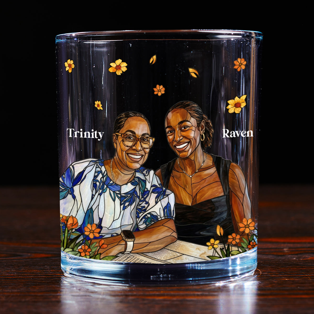 Custom Photo Stained Glass Portrait Mom Grandma Parents Family - Personalized Round Whiskey Glass