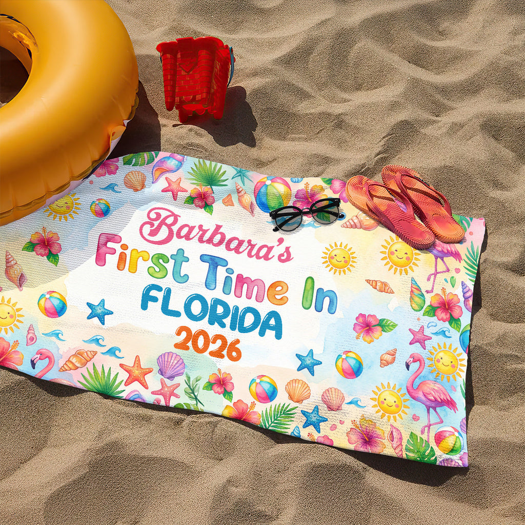 First Time On Holiday - Personalized Beach Towel