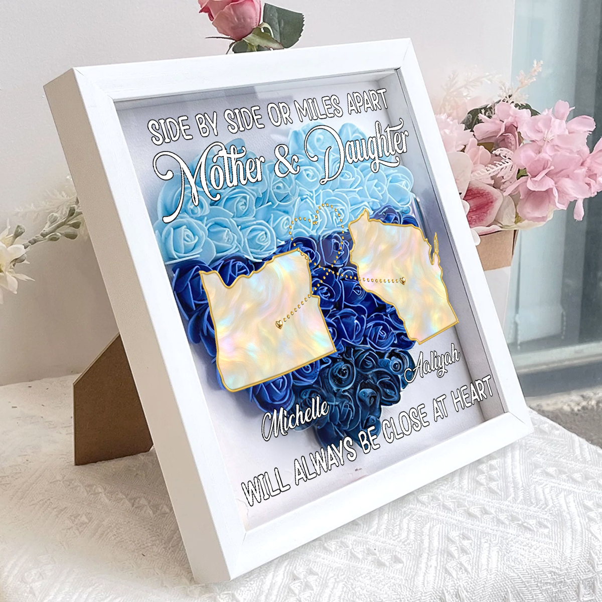 Mother And Daughter Will Always Be Close At Heart - Personalized Heart Flower Shadow Box