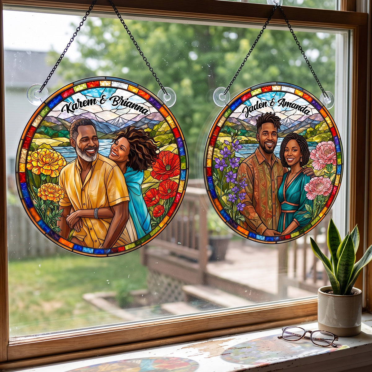 Couple Portrait Gift Birth Month Flower - Personalized Acrylic Suncatcher