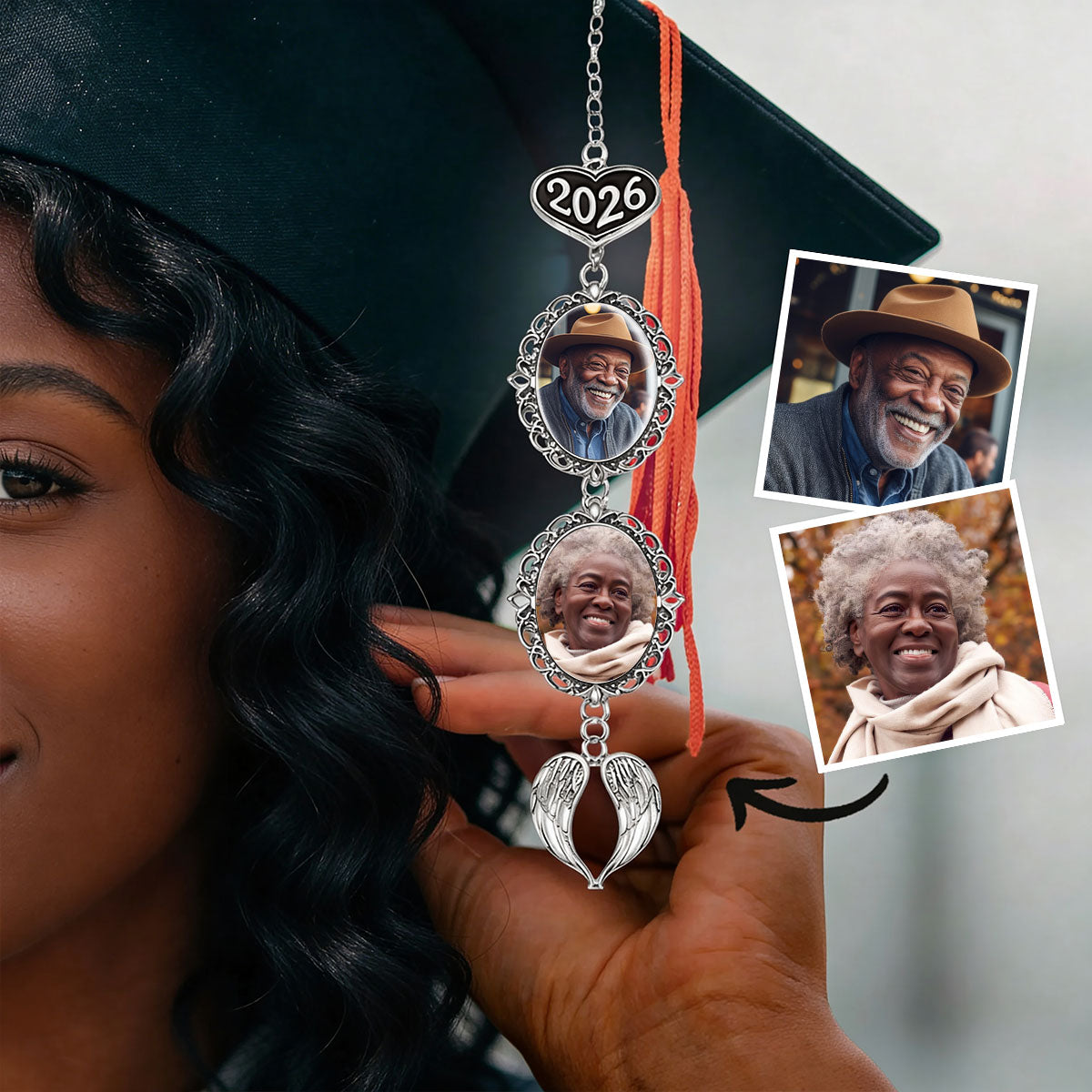 On Your Graduation Day With Love From Heaven - Personalized Graduation Tassel Photo Charm With Angel Wing