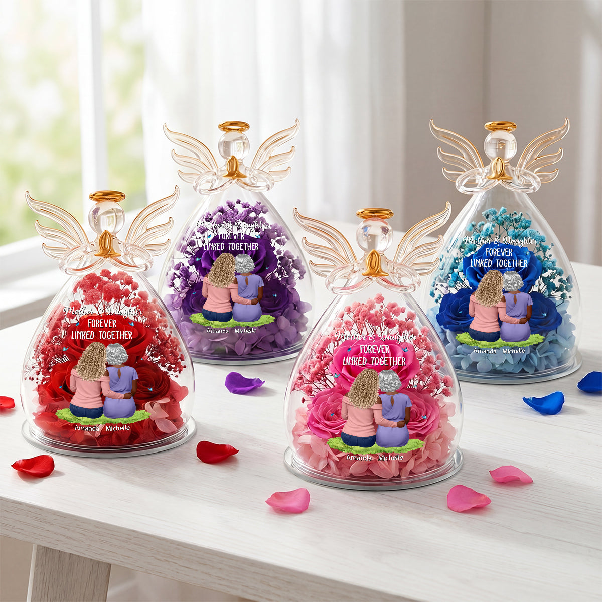 Mother And Daughter Forever Linked Together - Personalized Angel Dome With Preserved Flowers