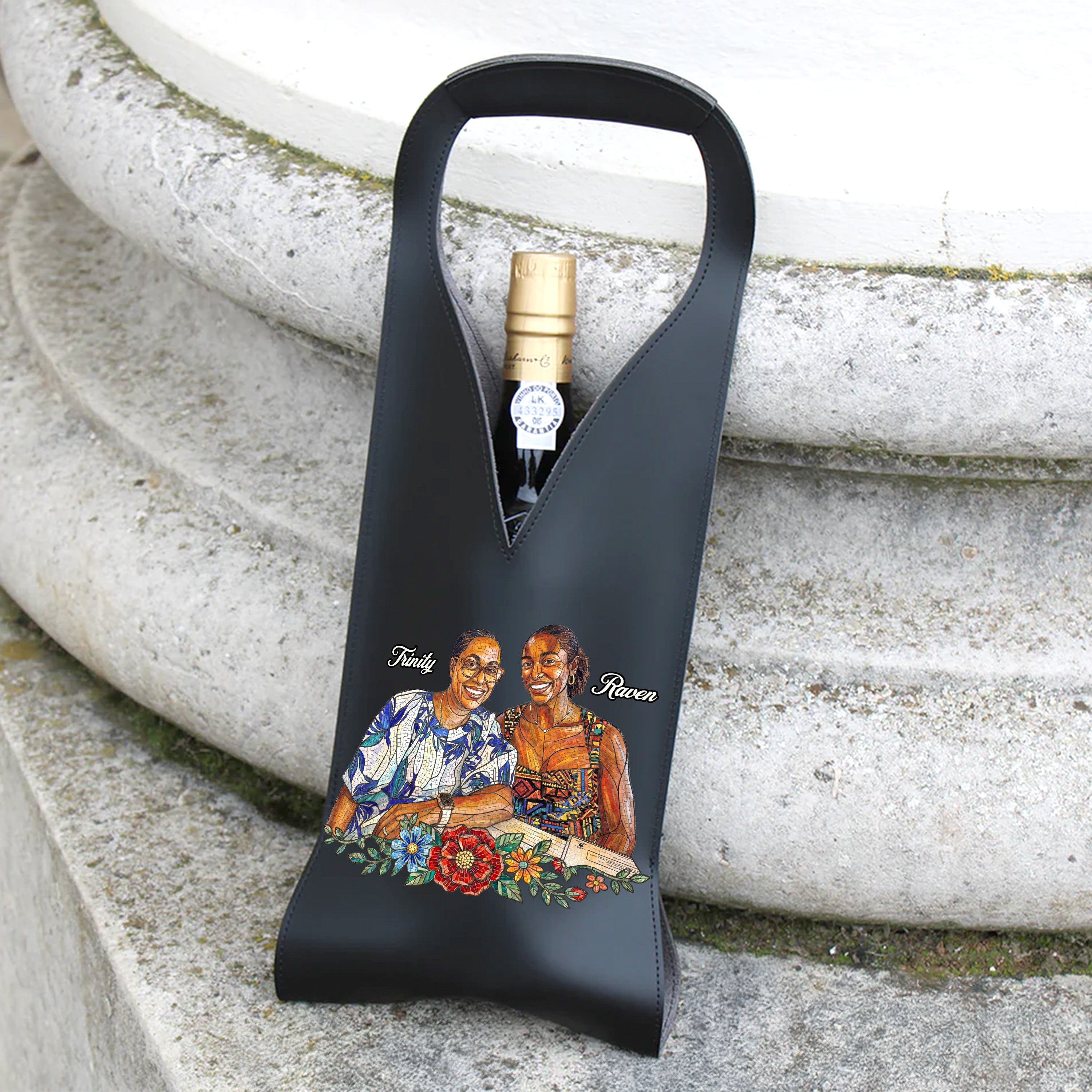 Custom Photo Stained Glass Portrait Mom Grandma Parents Family - Personalized Leather Wine Bag