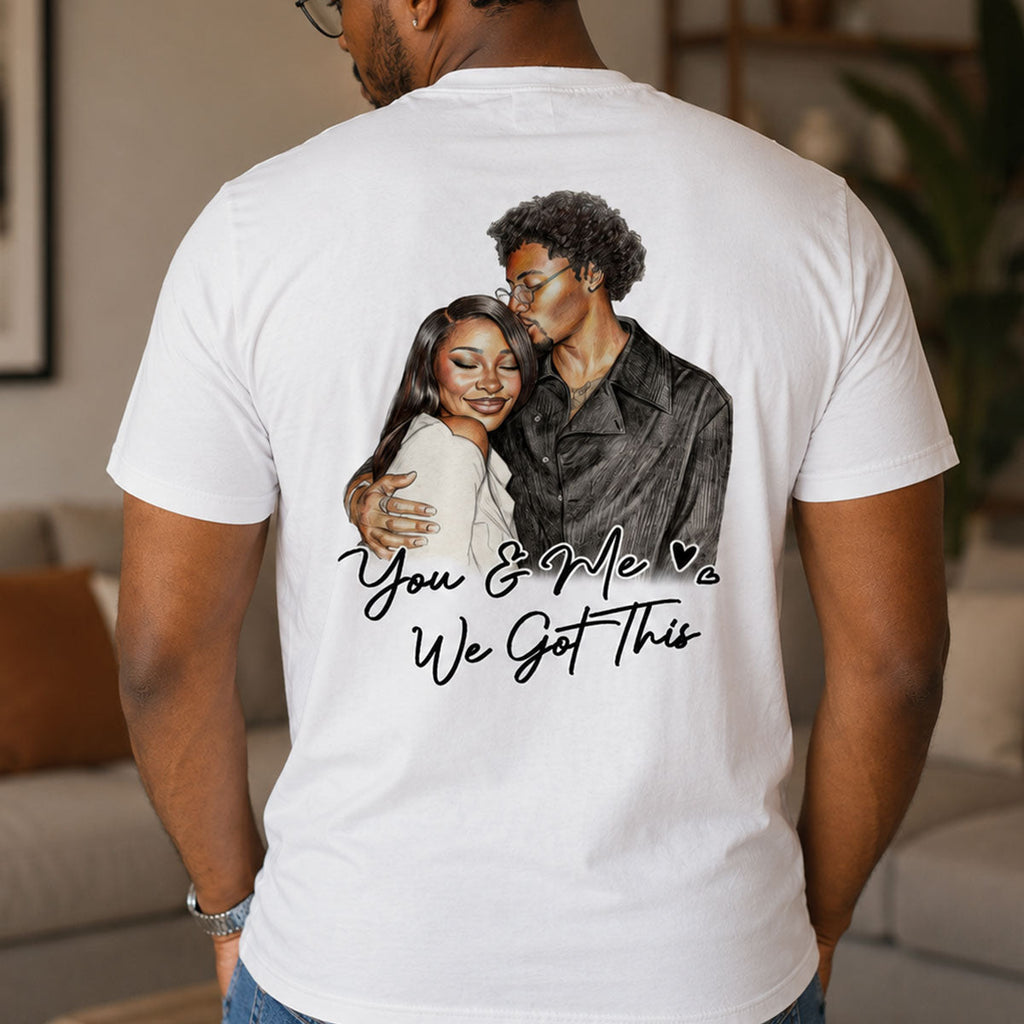 Custom Photo Colored Pencil Sketch Portrait You And Me - Personalized T-shirt With Front Back Design
