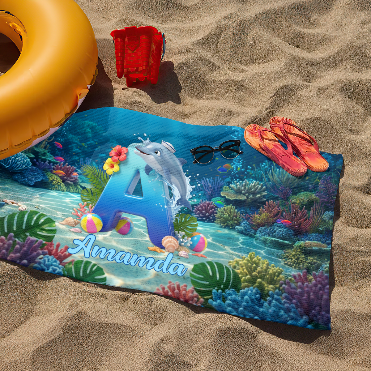 Dolphin Alphabet Summer Beach For Kid - Personalized Beach Towel