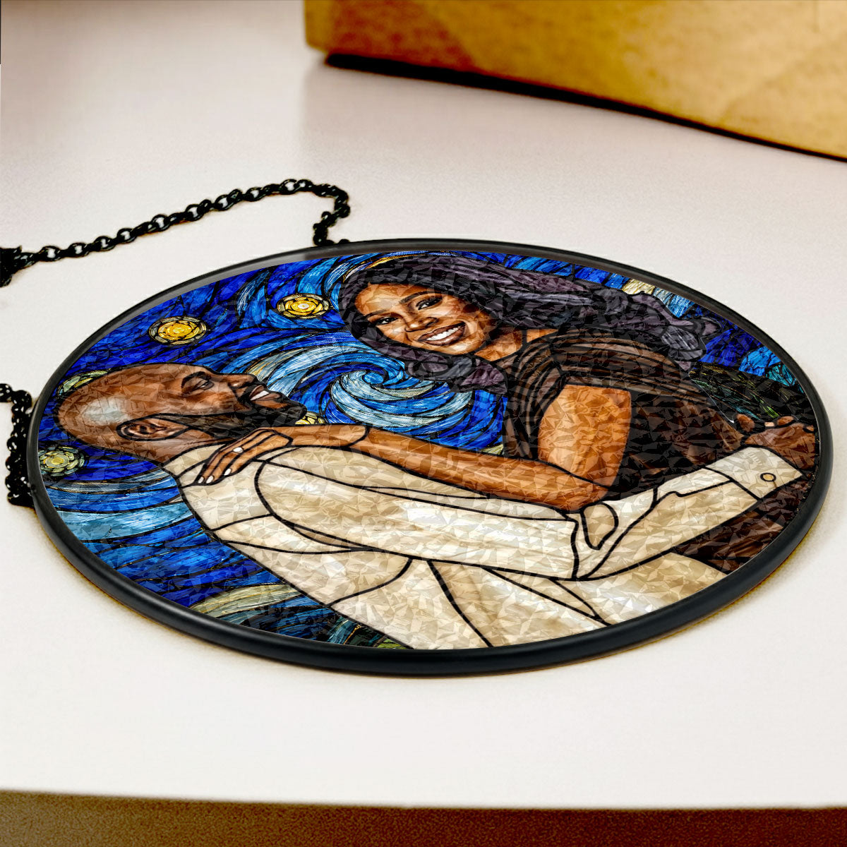 Custom Photo Starry Night Stained Glass Portrait Wife Husband Couple - Personalized Stained Glass Window Hanging Suncatcher