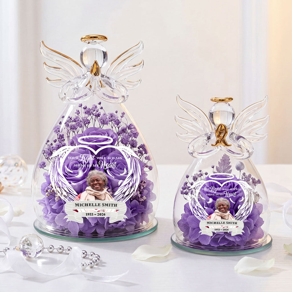 Your Light Will Always Shine In My Heart - Personalized Angel Dome With Preserved Flowers