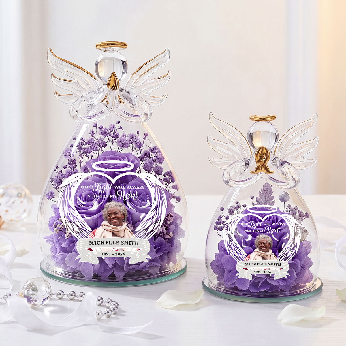 Your Light Will Always Shine In My Heart - Personalized Angel Dome With Preserved Flowers
