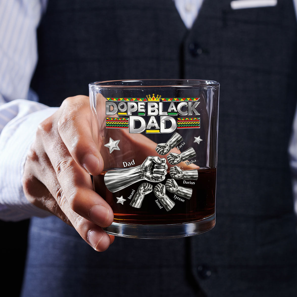 Dope Black Dad - Personalized Round Whiskey Glass