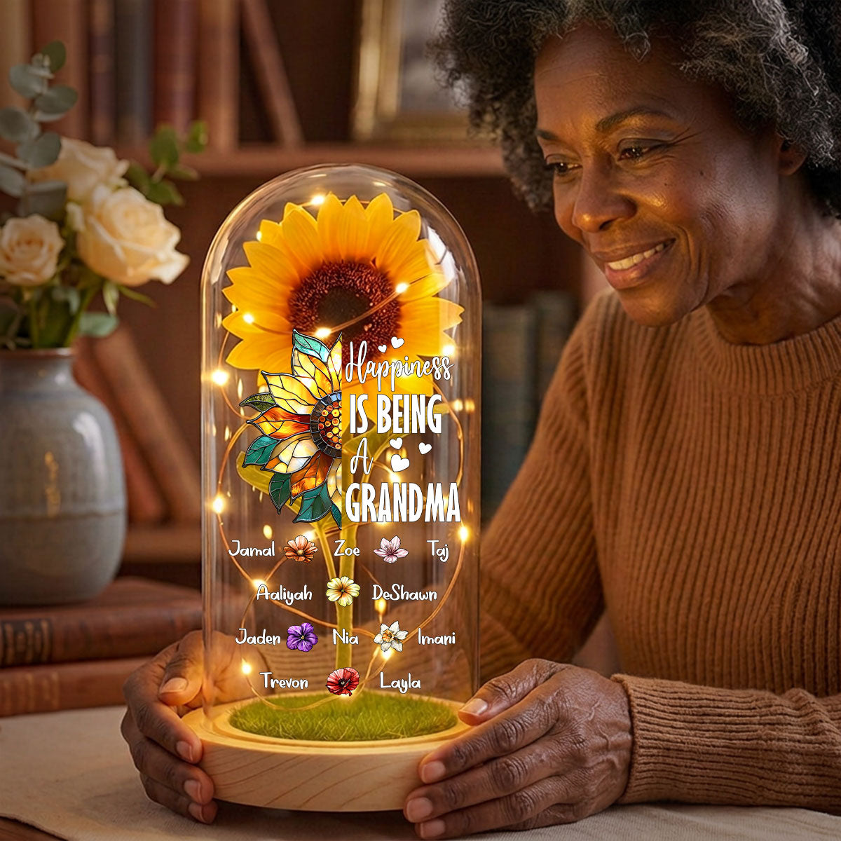 Happiness Is Being A Grandma - Personalized Sunflower Dome Lamp