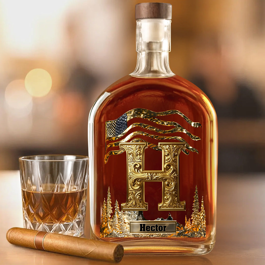 Golden Initial Gift For Husband and Dad - Personalized Whiskey Bottle